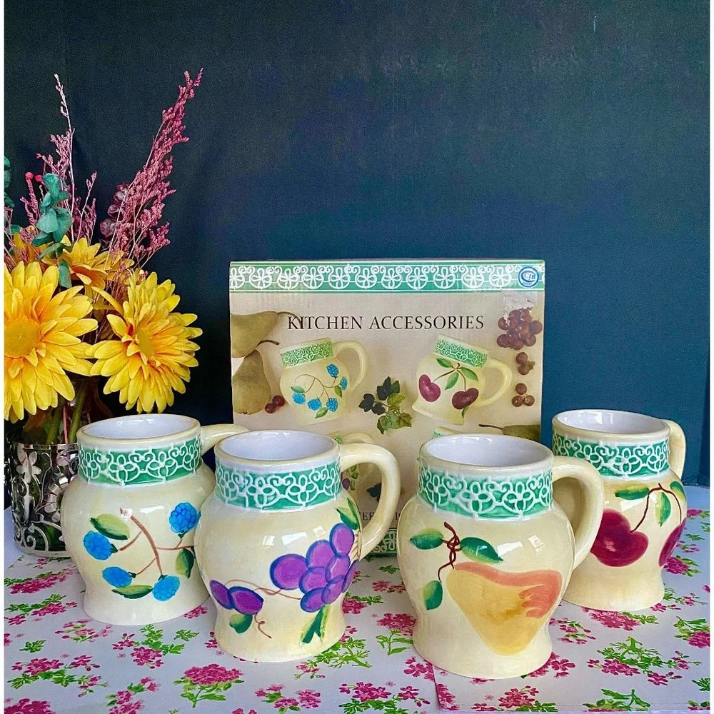 Alco Belaggio 4 mugs,‎ NEW, ceramic, mug set, 20 OZ, decorated w fruit/flowers